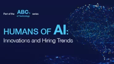 Text about AI innovations and hiring trends with a network design.